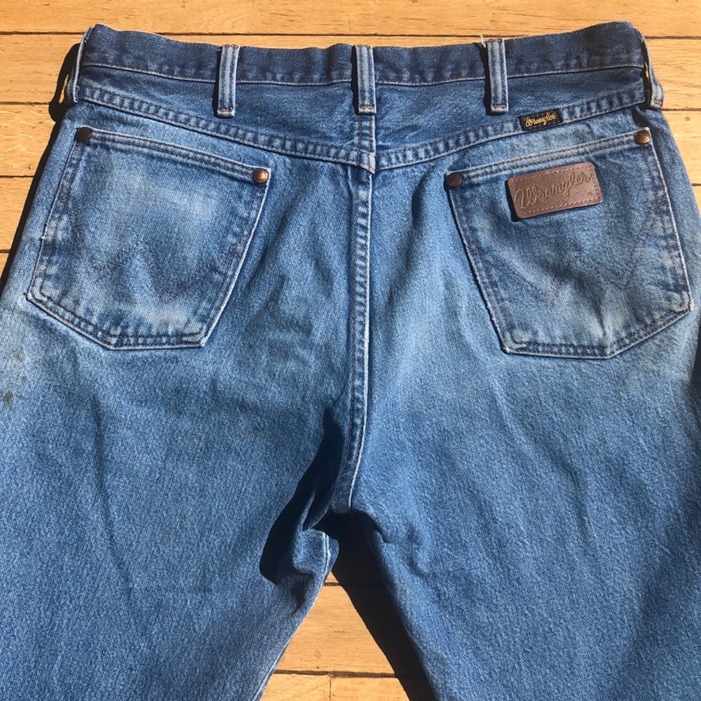 High-rise faded blue Wranglers